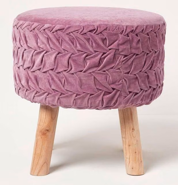 Homescapes Lyla Cylindrical Pleated Velvet Footstool in Purple