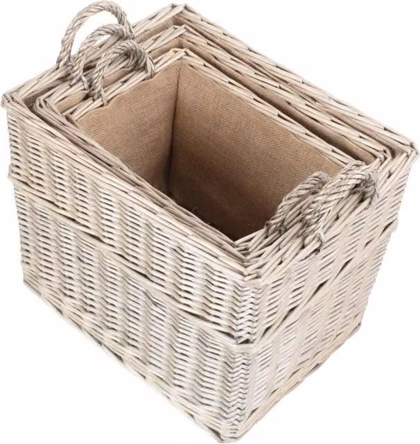 Red Hamper Set of 3 Rectangular Wicker Log Storage Baskets with Hessian Lining in Brown and Red, Width: 35 cm