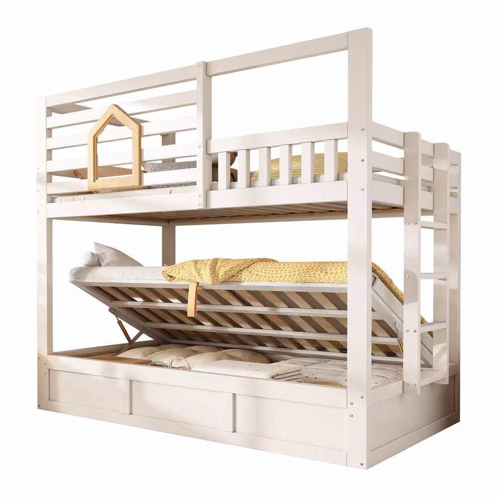 ModernLuxe Children's Two-Level Bunk Bed with Ottoman Storage and Safety Rail in White and Black, W/D/H: 190 x 90 x 184 cm – 2