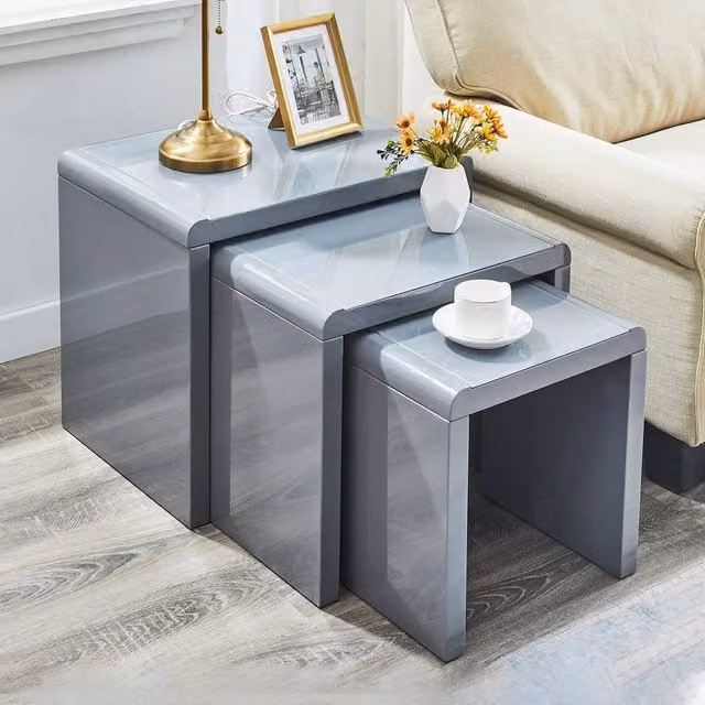 PAWNORA Nest of 3 Modern Grey Glossy Glass and Metal Coffee Tables