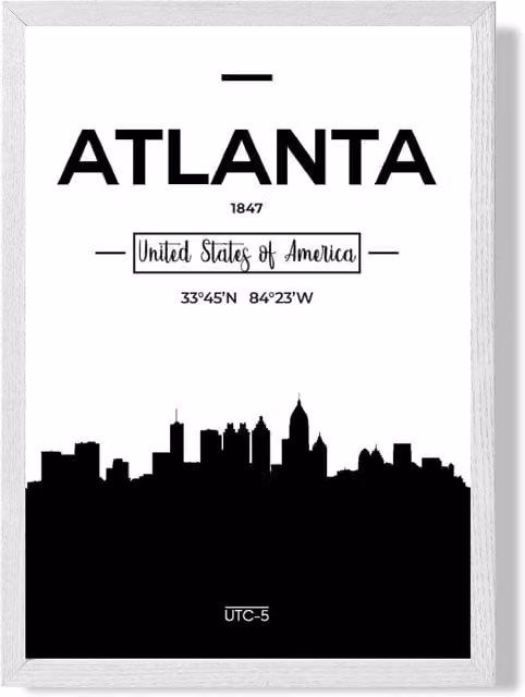 ARTZE Atlanta Black and White City Skyline Framed Print, White Frame, A3