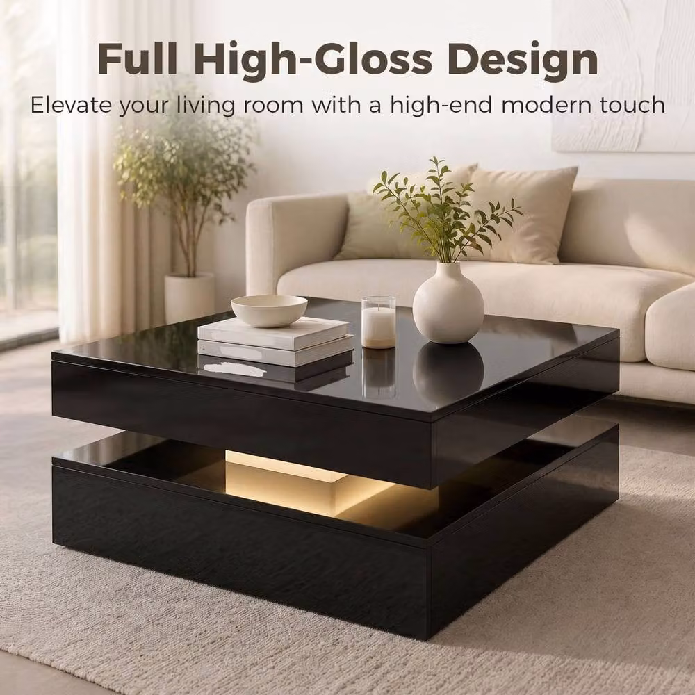 STILVORA Modern Glossy Black Square Coffee Table with Glass and Open Storage – 5