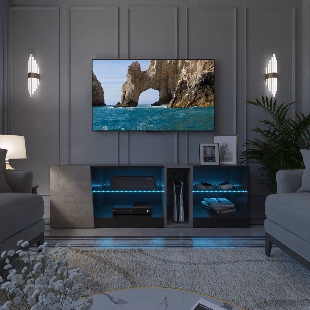 KORVIXA Modern TV Stand Cabinet in Black with Glass, W: 140 cm, D: 45 cm, H: 100 cm – 4