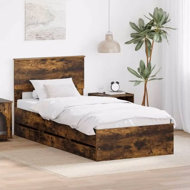 Berkfield Home Modern Bed Frame with Drawers in Smoked Oak Brown, W/D/H: 100 x 200 cm – 1