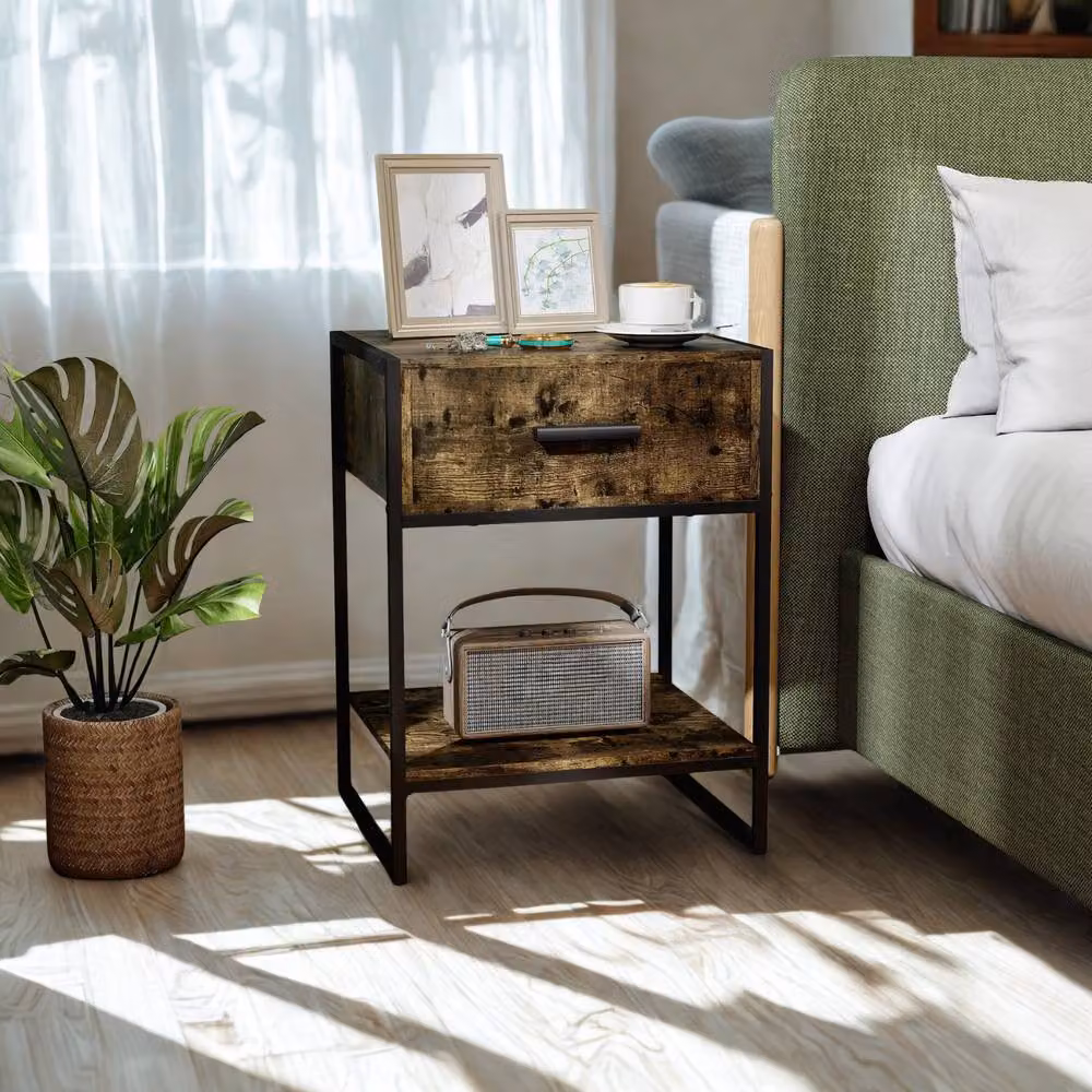 FURNOS Industrial Bedside Table with Drawer and Shelf, Brown and Black, W: 40 cm, D: 40 cm, H: 60 cm – 2