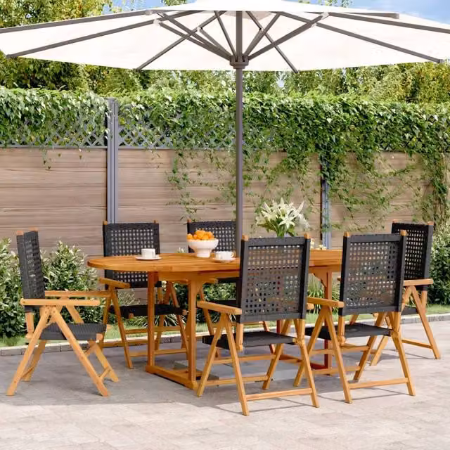 Berkfield Home 7 Piece Modern Garden Dining Set in Black Poly Rattan and Acacia Wood – 1