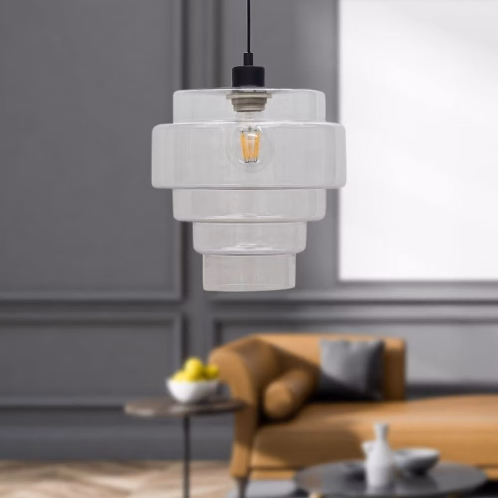 First Choice Lighting Benson Set of 2 Modern 5 Tier Ceiling Pendant Lights with Transparent Glass and Black Metal Finish, H 115 cm x W 23.5 cm x D 23.5 cm – 2