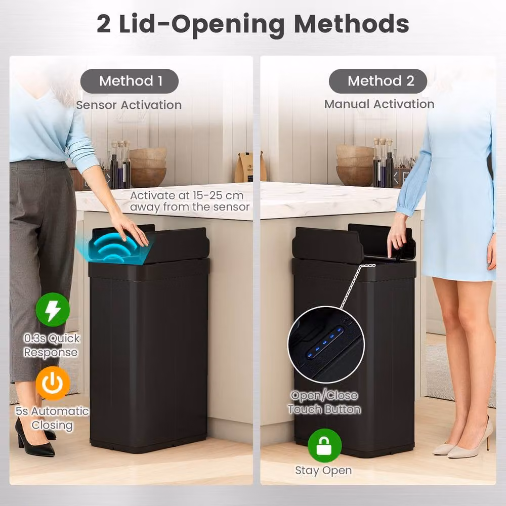 Costway 60L Infrared Motion Sensor Trash Can with Wing Lids and Soft Close, Black Stainless Steel – 5