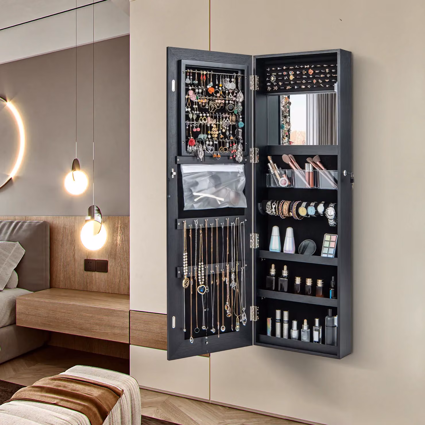 Costway Full Length Mirror Jewelry Cabinet with 3 Colour Lights, Black, Wall Mounted or Door Hanging – 3