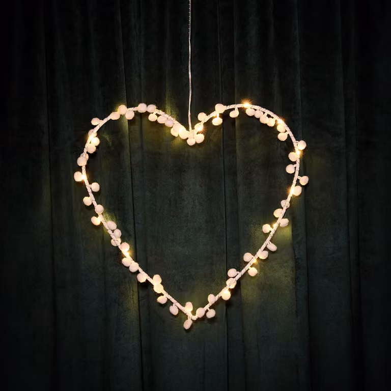 Lights4fun White Pom Pom Heart Hanging Wreath Decoration with 20 Warm White LEDs and Timer