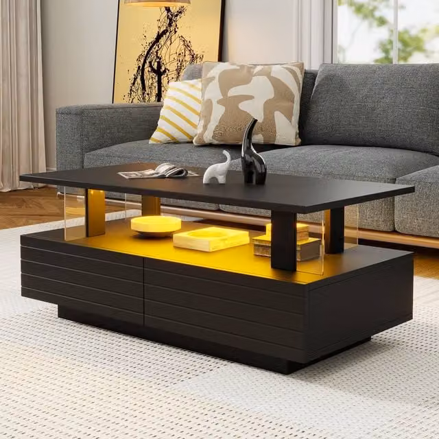 Merax Rectangular LED Coffee Table with 2 Drawers and Open Storage Compartment in Black, W/D/H: 100 x 50 x 42.5 cm – 1