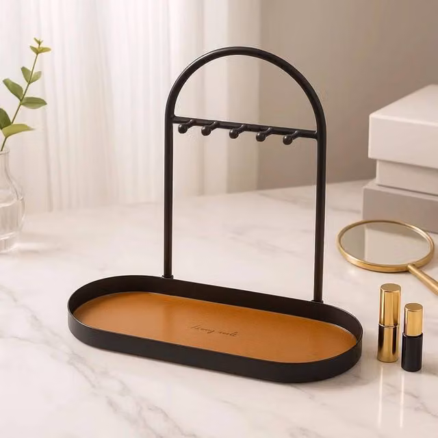 FLAVORA Modern Metal Key Holder Oval Tray with Shelf in Black