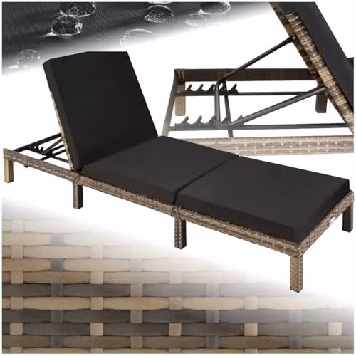 tectake Luxury Rattan Garden Sun Lounger with 6 Adjustable Backrest Positions and Comfortable Padding in Natural