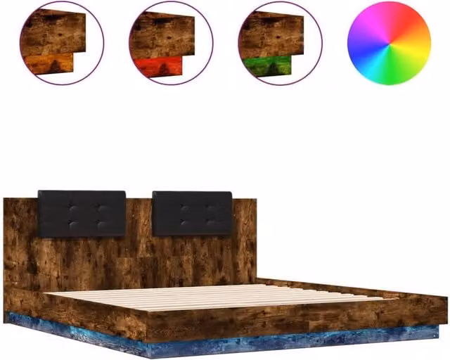 Berkfield Home Modern Bed Frame with LED Under-Bed Lighting and USB Charging Port in Smoked Oak Brown, W/D/H: 200 x 200 cm – 1