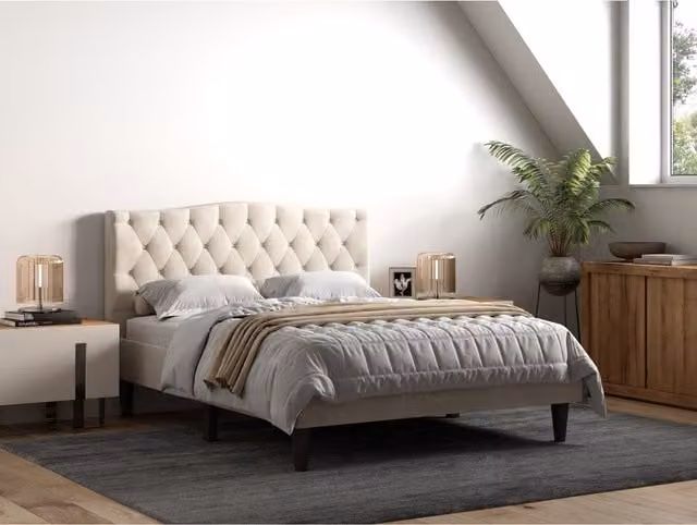 Flair Barkby Upholstered Fabric Bed in Beige, 140 x 200 cm