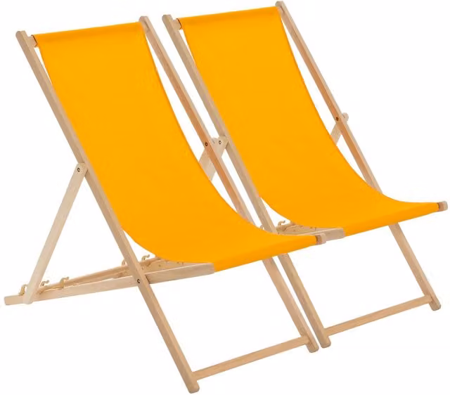 Harbour Housewares Set of 2 Orange Wooden Folding Garden Sun Loungers with UV-Resistant Polyester Fabric