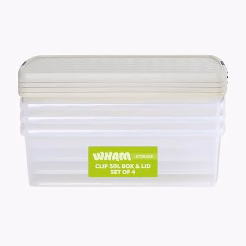 Wham 4 x 30L Rectangular Stackable Plastic Storage Boxes with Lids, Transparent and Beige