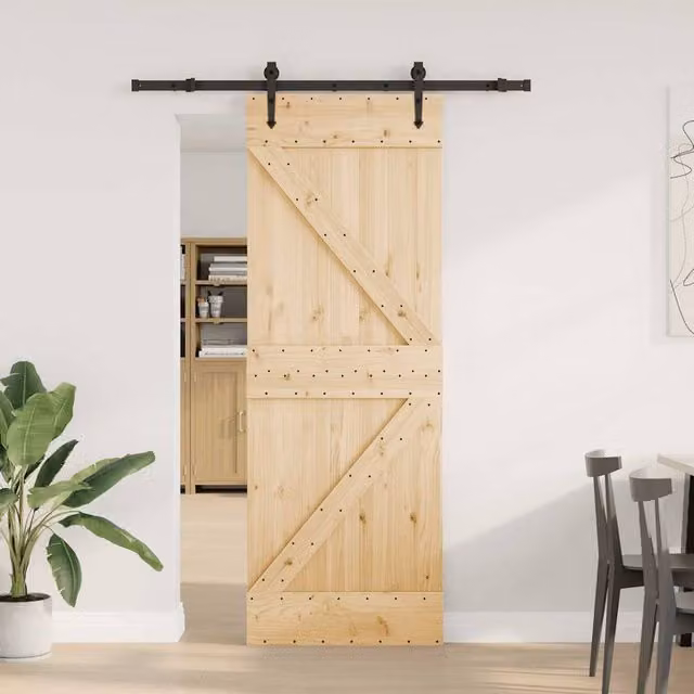 Berkfield Home Rustic Solid Wood Pine Sliding Door with Hardware Set in Light Brown, W: 70 cm, H: 210 cm