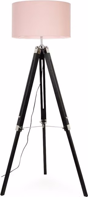 Clipper Black Tripod Floor Lamp with Large Pink Fabric Cylinder Shade and Wood Legs, Height: 128 cm