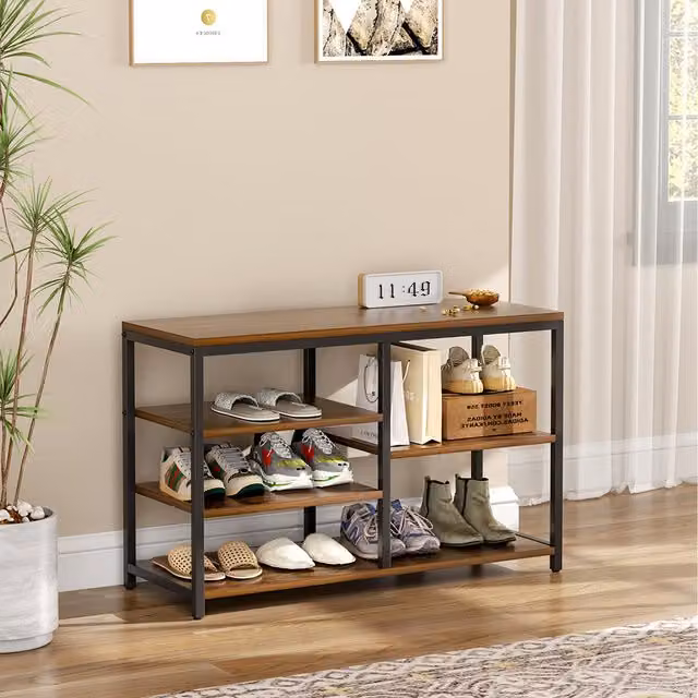 Komore Industrial Multi-tiered Shoe Storage Rack in Walnut and Black