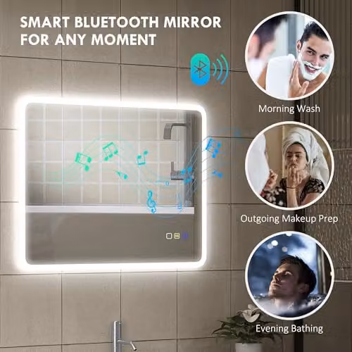 HOMCOM LED Bluetooth Bathroom Mirror, Silver and White, W: 60 cm, H: 80 cm, Dimmable and Shatterproof – 4