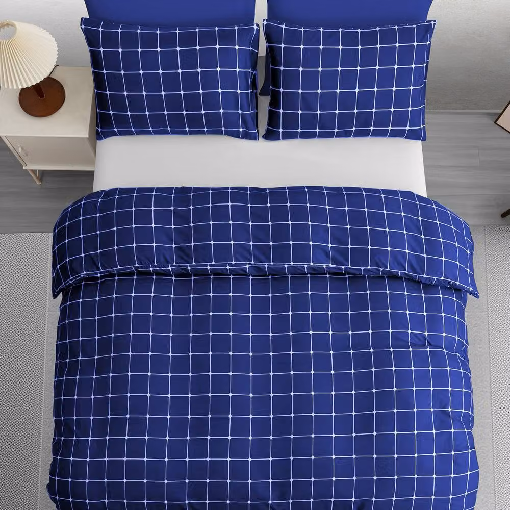 Lazzaro Home Blue Checked Reversible Microfibre Double Duvet Cover and Pillowcase Set, W/D/H: 140 x 200 cm – 3
