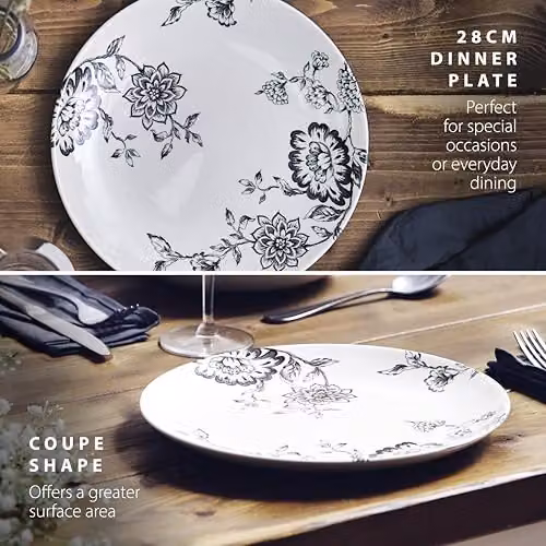 Wade Albert White Botanical Night Dinner Plate in Black and White, Diameter: 28 cm – 7