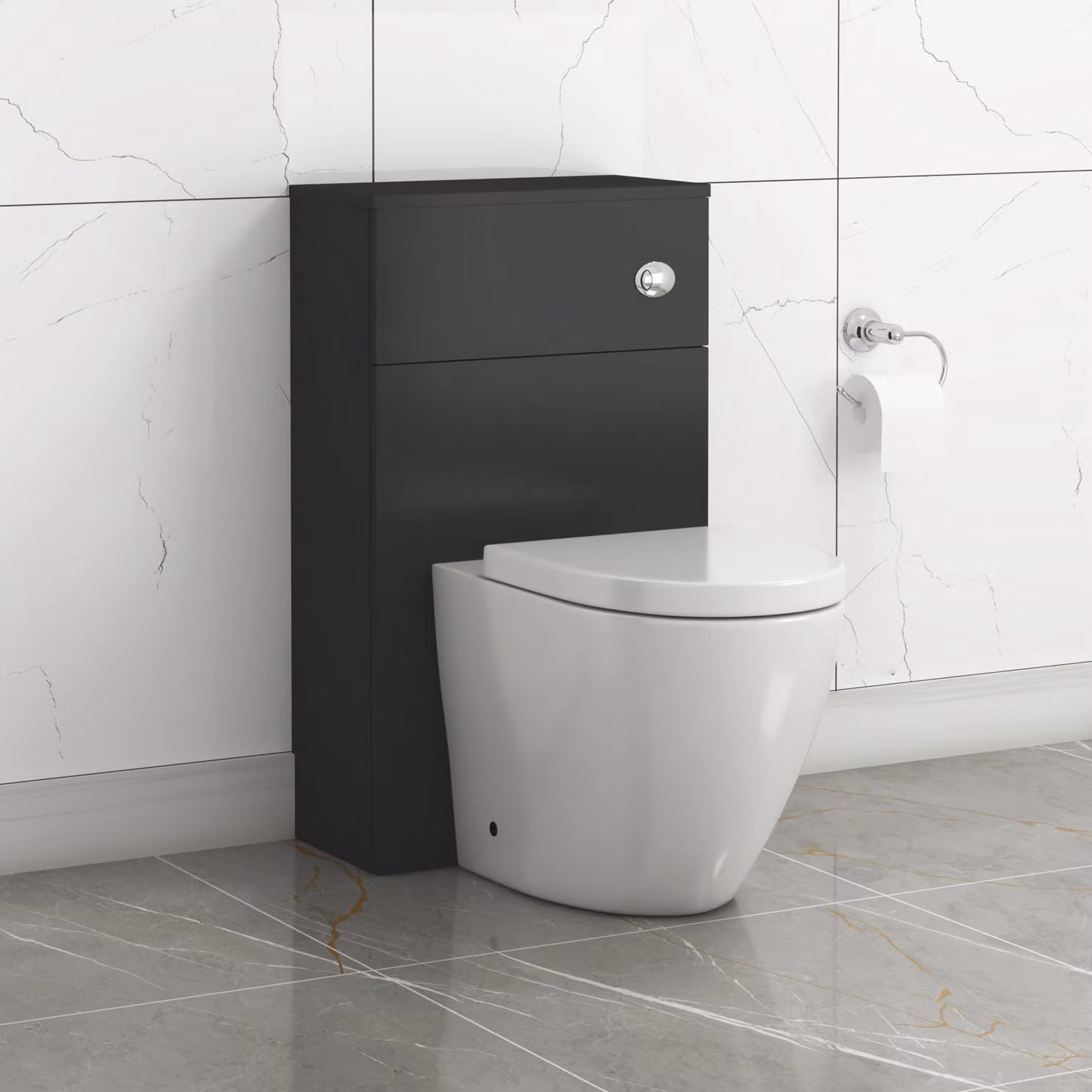 Royal Bathrooms Turin 500mm Matt Black Back to Wall WC Unit with Elva White Ceramic Rimless Toilet Pan, Soft Close Seat and Cistern