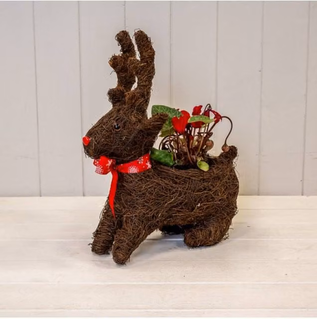 KDMD Sitting Reindeer Planter with Christmas Scarf in Dark Brown