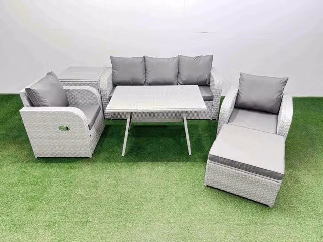 Fimous 3 Seat Reclining Sofa Garden Furniture Set with Large Stool in Light Grey