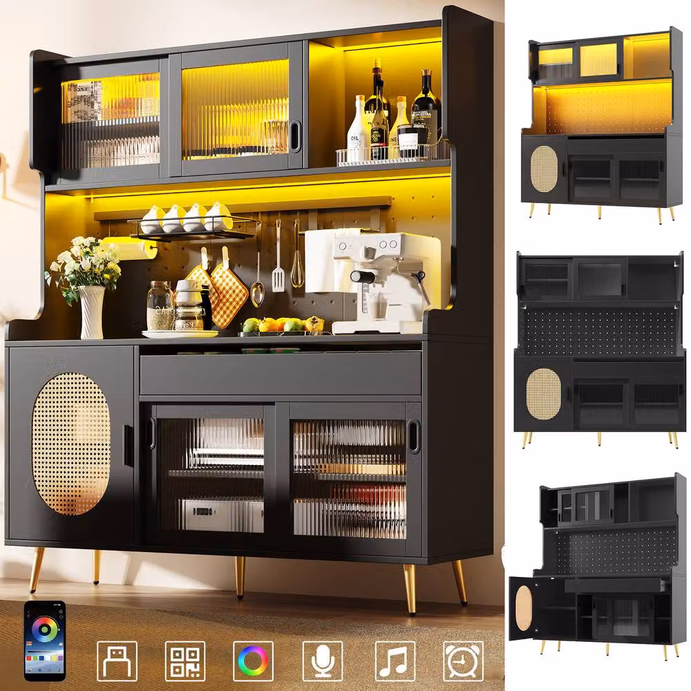 Rolipo Country Style 5-Door Kitchen Buffet Sideboard with Integrated LED Light in Black – 2