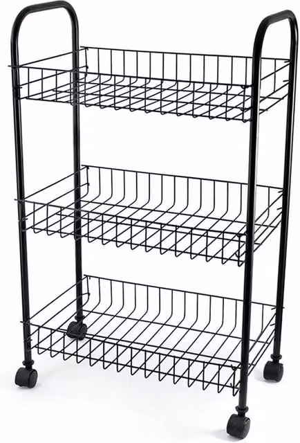 VOGREX Black 3-Tier Rolling Metal Fruit and Vegetable Storage Trolley Cart, W/D/H: 40 x 40 x 64 cm