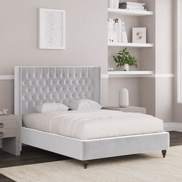 Zaye Living Manhattan Modern Upholstered Velvet Bed Frame, Silver, 180 x 200 cm