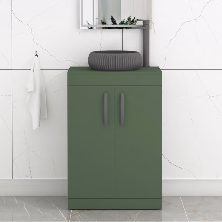 Royal Bathrooms Turin 600mm Floor Standing 2 Door Vanity Unit in Matt Green with Milan Black Countertop Basin and Brushed Brass Handle
