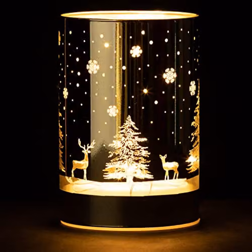 SHATCHI Gold Christmas Forest Scene Etched Glass Vase Table Lamp with LED Fairy Lights, H 13 cm – 3