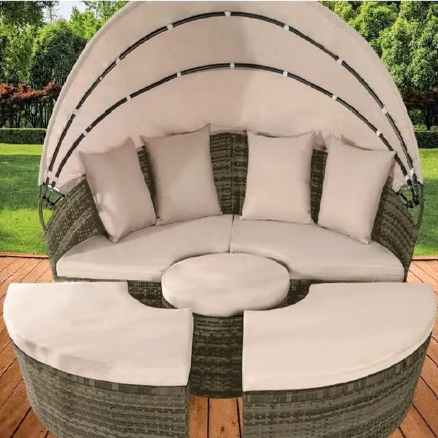Comfy Living Luxury Grey Rattan Sun Island with Cover, 160 cm