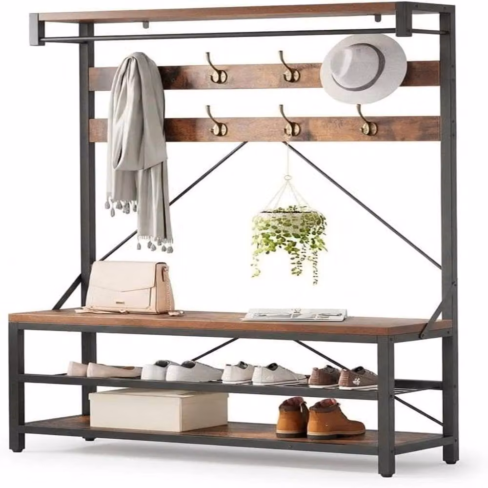 London Boutique 4-in-1 Hallway Storage Unit with Shoe Bench and 8-Hook Coat Rack in Brown – 2