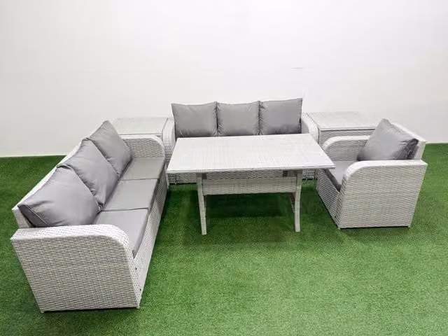 Fimous 7 Seater Poly Rattan Outdoor Garden Furniture Set in Grey with Rectangular Dining Table, 3 Seater Sofa, Reclining Chair and 2 Side Tables