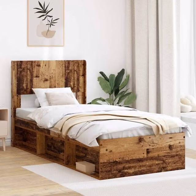 Berkfield Home Bed Frame with Headboard and Side Compartment Storage, Old Wood Brown, W: 75 cm x L: 190 cm – 1