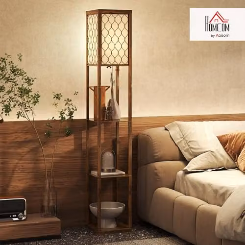 HOMCOM Rustic Brown Floor Lamp with 3 Wood Shelves and Fabric Lampshade – 2