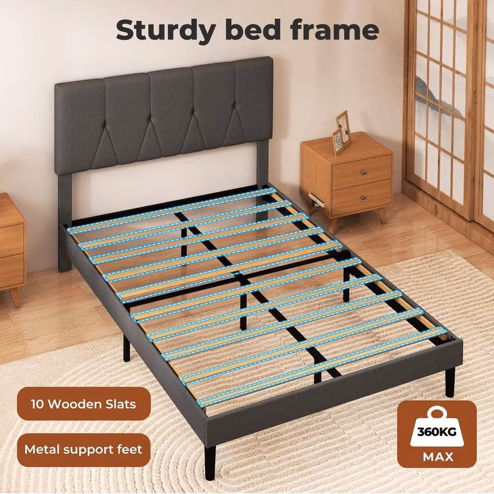 EONLION Upholstered Linen Double Bed Frame in Grey, W/D/H: 140 x 200 cm – 4