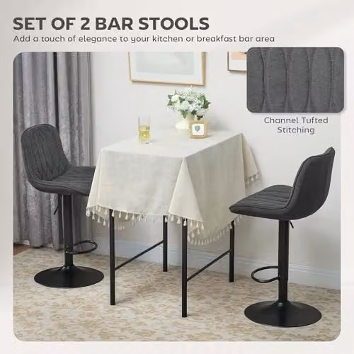 HOMCOM Set of 2 Modern Grey Fabric Bar Stools with 360 Degree Swivel and Metal Base – 3