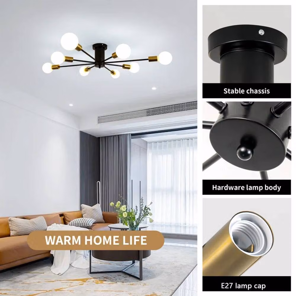 NIVOR 8-Light Industrial Mid Century Flush Mount Ceiling Chandelier in Black and Gold/Brass – 2