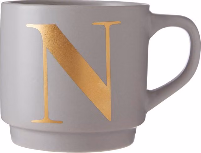 Orsina Signet Grey and Gold Monogram Porcelain Stackable Mug