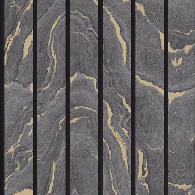 Muriva Woodgrain Marble Slat Panelling Wallpaper in Charcoal Grey and Gold