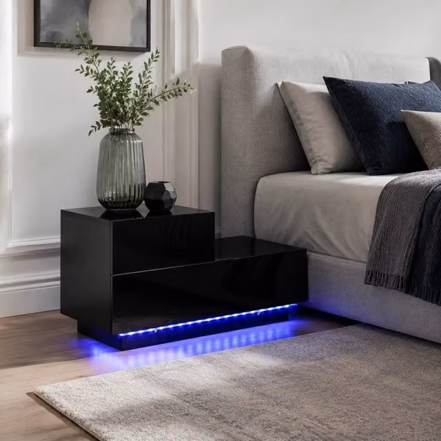 STILVORA Black Glossy Bedside Table with 2 Drawers and Integrated LED Lighting – 1