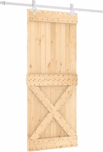 Berkfield Home Modern Sliding Door with Hardware Set in Beige Solid Wood, W: 85 cm, H: 210 cm