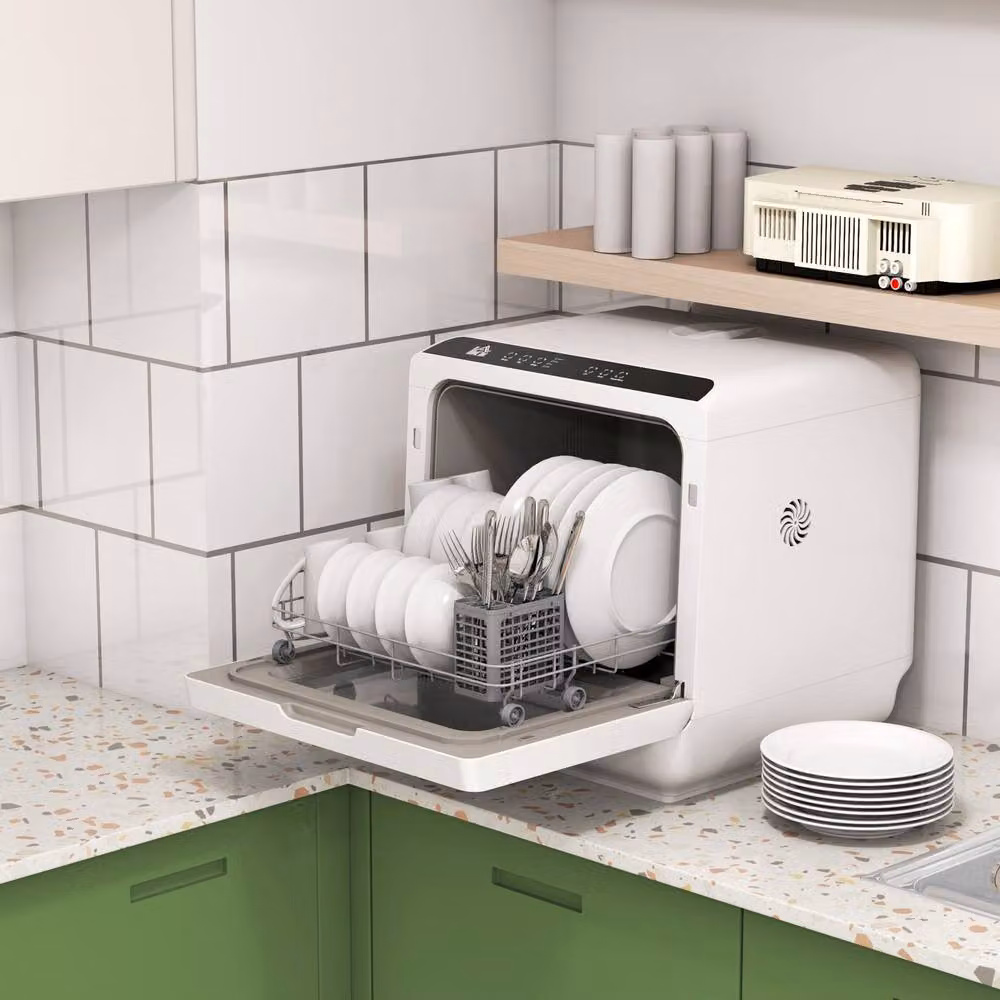 HOMCOM Countertop Dishwasher with 4 Place Settings and 6 Programs, Black and White – 2