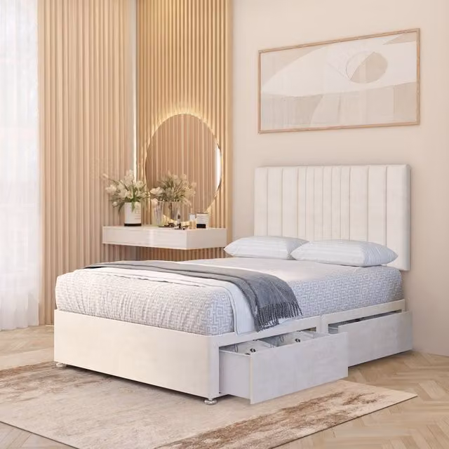 Somnior Beds Ltd Arizona Plush Velvet Orthopaedic Divan Bed Set with Hybrid Mattress and 32 inch Headboard, Ivory, W/D/H: 140 x 200 cm