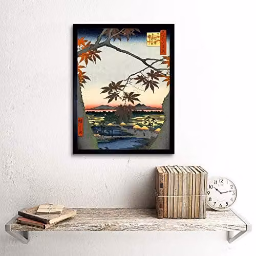 Wee Blue Coo Japanese Woodblock Style Maple Tree and Mountain Landscape Art Print Framed Poster, Multicolour, W/H: 30.48 x 40.64 cm – 2